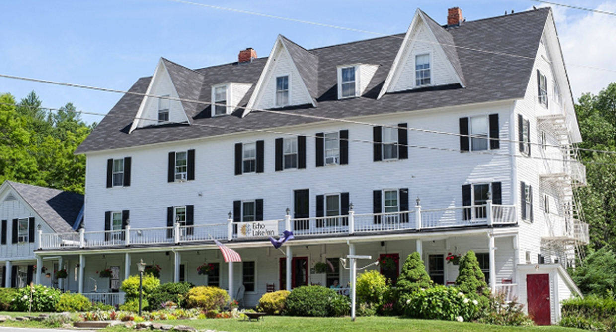Summer view of the exterior of our hotel near Quechee, Vermont